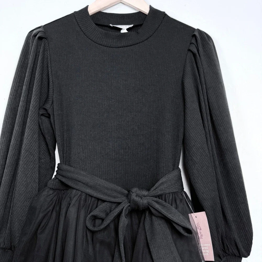 NEW‎ Ivy City Co Cosette Midi Dress Black Ribbed Tulle Tiered Womens Small - Picture 3 of 10
